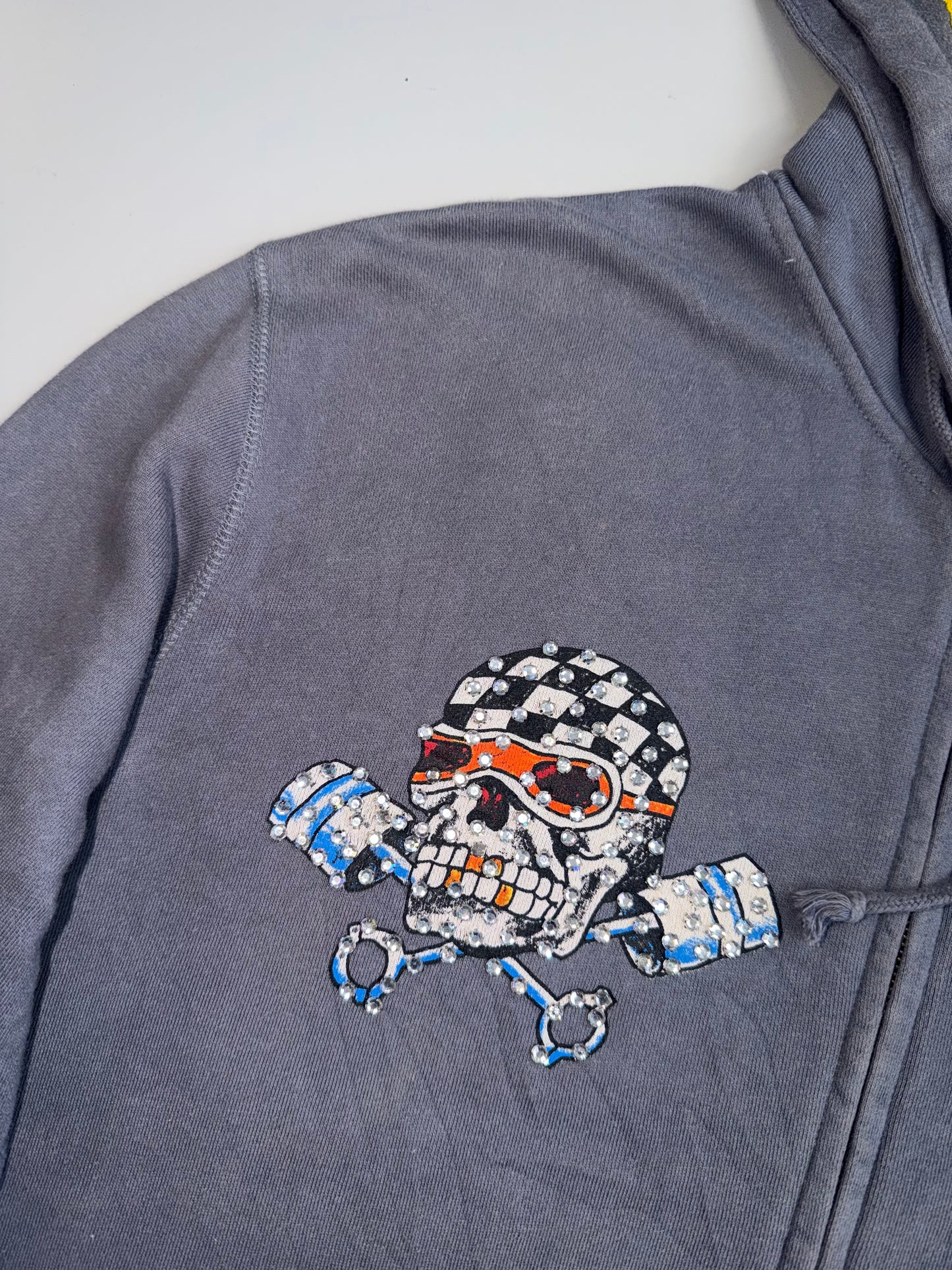 !      Ed Hardy 'Skull & Pistons' Rhinestone Zip-Up Jacket - Slate Grey (U.RARE) (M/L)