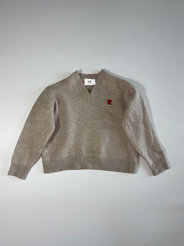 Ami Paris Ami de Coeur V-Neck Knit Sweater – Taupe Melange (XXS)