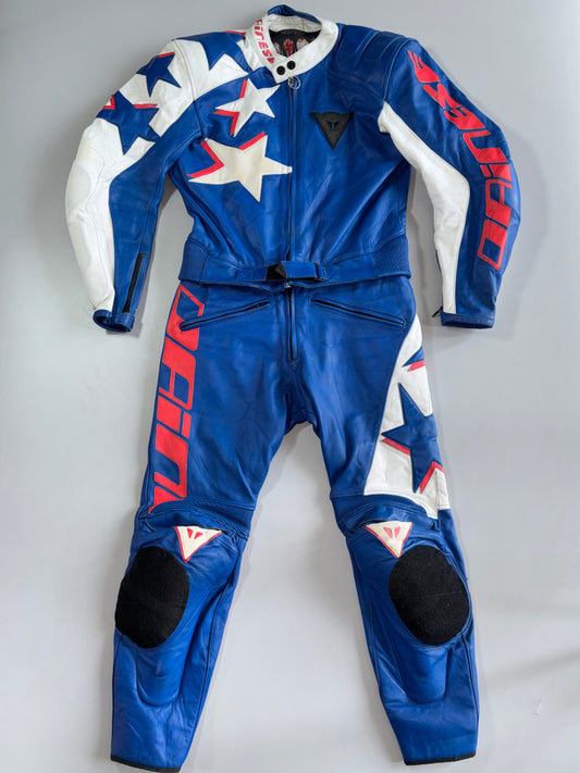 Vintage Dainese Stars & Stripes American Flag Colorway Pure Leather Motorcycle Racing Suit (Paded)Jacket- (M) Pant- W-32