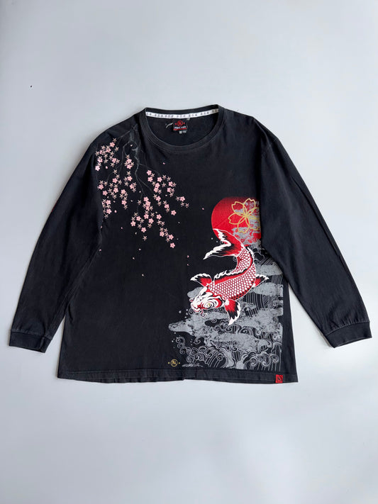 Japanese Koi Fish Sakura Red Sun Fully Embroidered Tshirt (2XL)