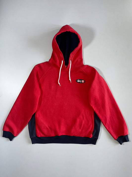 Vintage Stussy Made In USA Colourblock Red Navy Hoodie Oval Logo  (M)