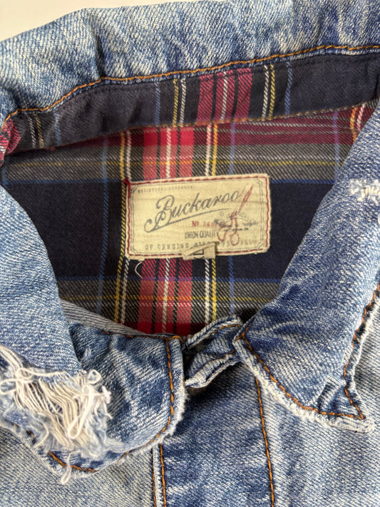 Vintage Buckaroo Distressed Denim Jacket With Plaid Layers (L)