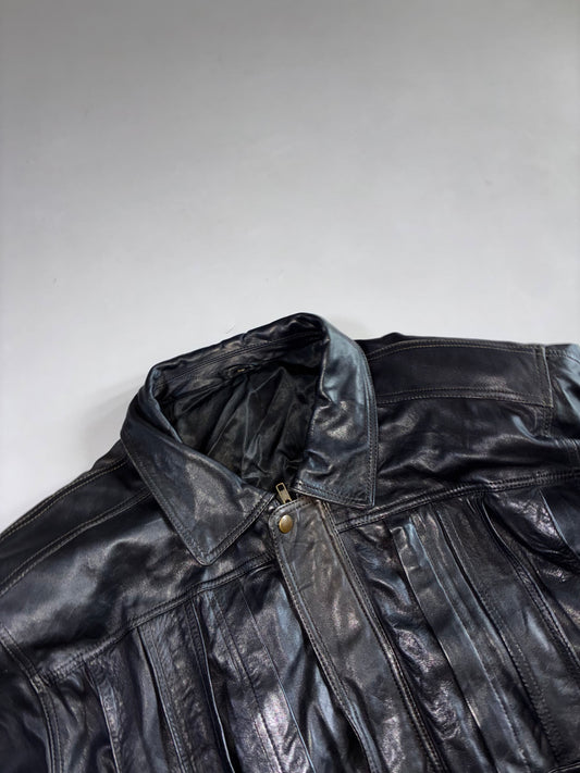 Vintage Black Pleated Leather Trucker Jacket Zip-Front Genuine Leather Jacket (L)