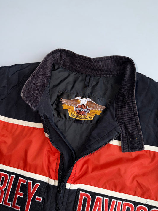 Harley-Davidson Racing Vintage Bomber Jacket | Black & Orange Colorblock | Motor Cycles Patch | Made in USA (L)