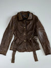 Vintage Brown Leather Ruffle Trim Belted Utility Jacket Women’s (S)