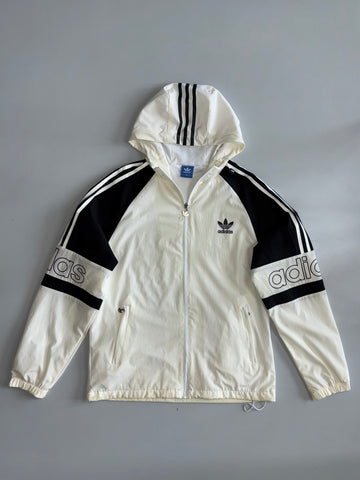 Adidas Originals Cream & Black Trefoil Hooded Windbreaker Jacket — Sleeve Script Logo | Size (L)