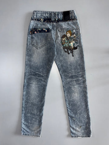 Japanese Vintage | Samurai Embroidered Distressed Jeans | Grey Wash (W:28|L:43)