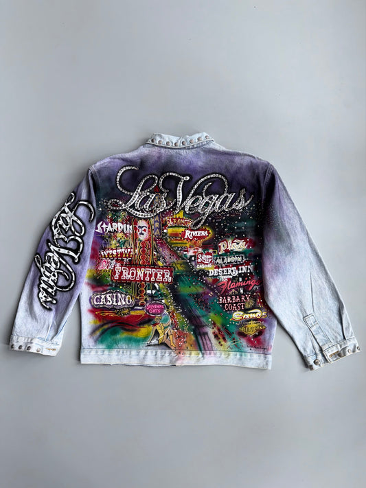 Vintage 1987 Alamo Designs | Rare Hand-Painted Rhinestone Denim Jacket | Las Vegas (XL)