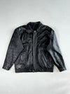 Vintage 90s Black Leather Bomber Jacket – Embroidered Logo Patch, Zip Chest Pockets (XL)