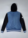 Superman Denim Varsity Hooded Jacket – Blue Denim/Black, Letterman “S” Patch (L)
