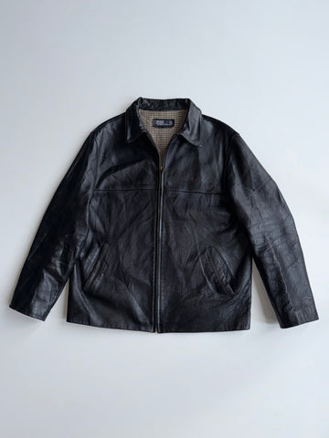 Vintage 90s Polo Ralph Lauren 100% Leather Harrington Jacket – Black Plaid Lined (L)