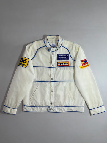 Vintage Intercrew Formula 1 Racing Team Jacket  White Blue Patches (L)