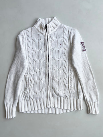 Tommy Hilfiger White Cable Knit Full-Zip Sweater with THNY Patch (XS)