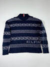 Tommy Hilfiger Navy Jacquard Knit Mock Neck Sweater – Spellout "HILFIGER" – (2XL)
