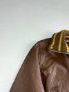 Ichi Brown Leather Bomber Jacket with Mustard Striped Knit Collar & Cuffs, (XS)