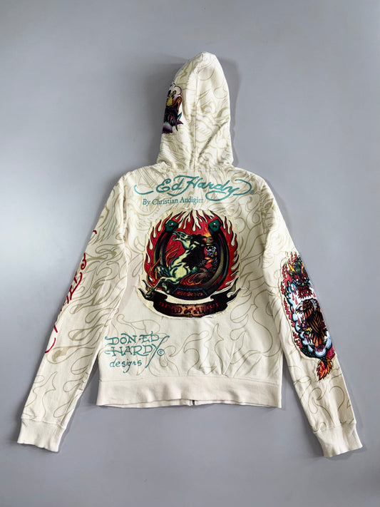 Ed Hardy by Christian Audigier Full-Zip Hoodie Cream Faux Fur Lined Hood Dragon & Tattoo Graphic (S)
