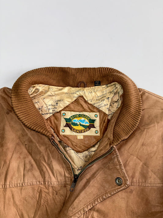 Vintage 90s Premium Original Map Printed Leather Oversized Jacket (L)