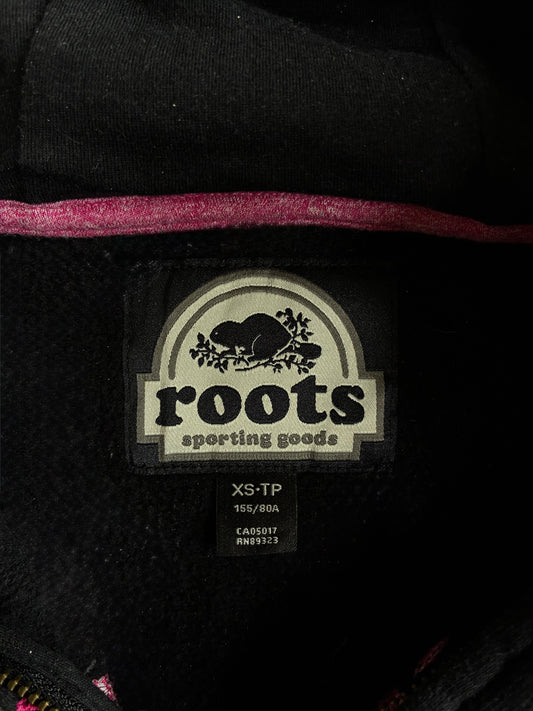 Roots Canada Beaver Logo Zip-Up Hoodie Black Pink Embroidery (XS)