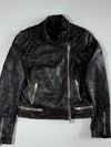 Black Leather-Look Biker Jacket with Quilted Shoulders & Asymmetric Zip (XS)