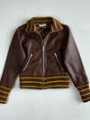 Ichi Brown Leather Bomber Jacket with Mustard Striped Knit Collar & Cuffs, (XS)