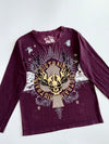 Big Train Osaka Japanese Samurai Skull Wings Kanji Foil All-Over Print Burgundy Plum Cotton Long Sleeve T-Shirt (L)
