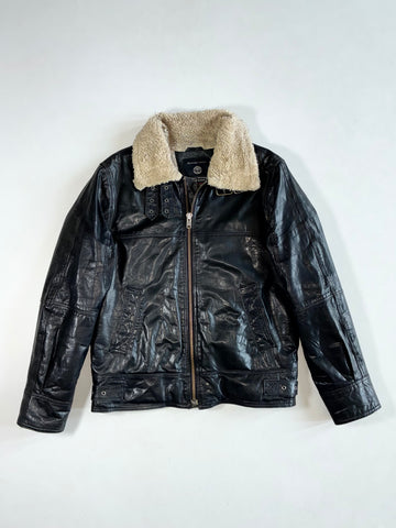 Selected Jeans Black Leather Jacket with Sherpa Collar (M)