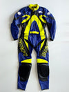 Vintage Swift Racing Two-Piece Leather Motorcycle Suit – Blue/Neon Yellow Knee Paded (M)  (W:35 | L:41)