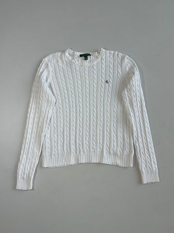 Lauren Ralph Lauren White Cable Knit Crewneck Sweater- (M)