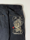 Y2K Japanese Brand Black Denim Jeans – Gold Print Pocket Art, Heian Era Graphics (W:32) (L:37)
