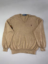 Vintage 90s Polo by Ralph Lauren Camel V-Neck Sweater – Crest Sleeve Patch (XL)