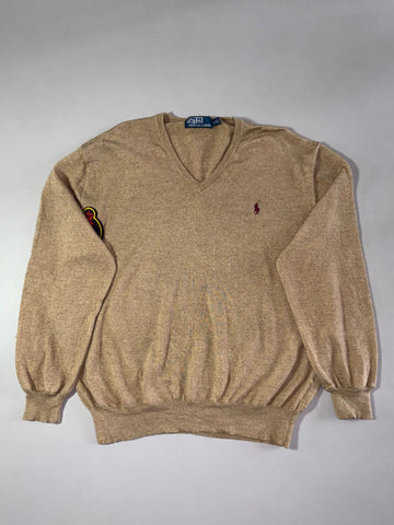 Vintage 90s Polo by Ralph Lauren Camel V-Neck Sweater – Crest Sleeve Patch (XL)
