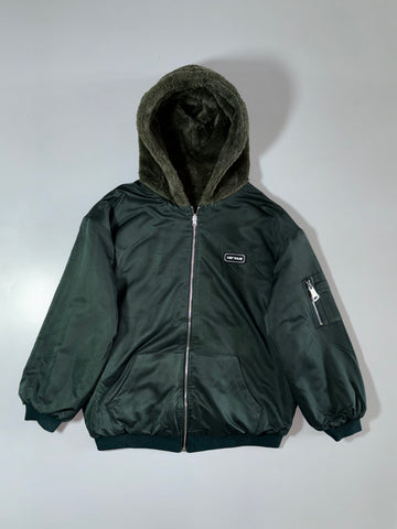 Various Green Satin Bomber Jacket with Faux Fur Hood Reversible (L/XL)