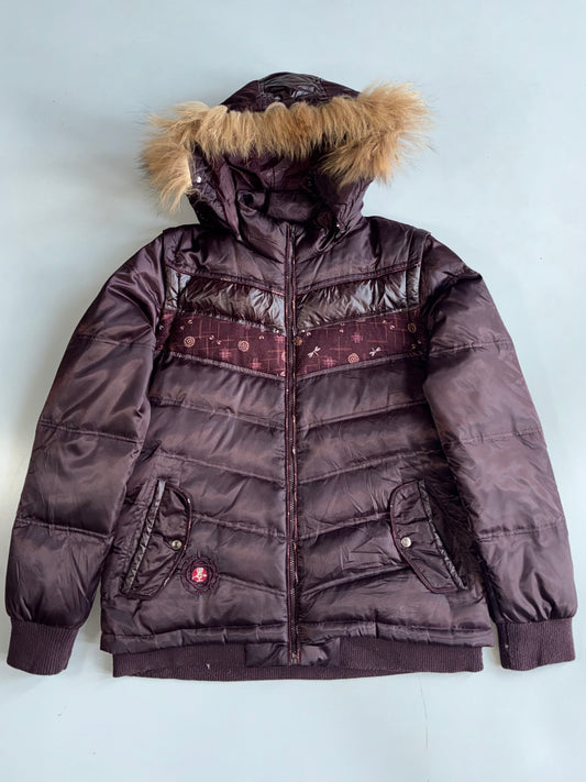 Big Train Faux Fur Hood Puffer Jacket Burgundy Floral (XL)