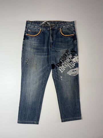 Big Train | Y2K Japanese Graphic Print Distressed Denim Jeans | (W:36) (L:38)