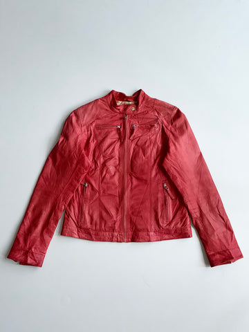 7eleven Red Genuine Leather Café Racer Jacket  women’s – Floral Lining (M)