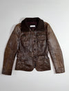 Bata "And More" Belted Leather Jacket  Brown, Knit Collar Vintage Women’s (S)