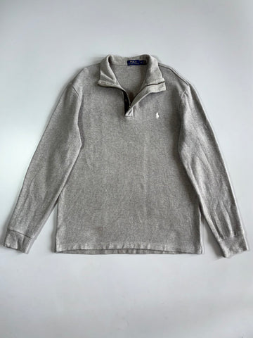 Polo Ralph Lauren Quarter Zip Sweater - Grey Elbow Patch Leather Trim Vintage (L)