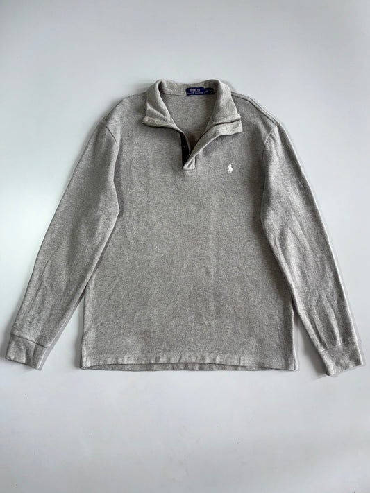 Polo Ralph Lauren Quarter Zip Sweater - Grey Elbow Patch Leather Trim Vintage (L)