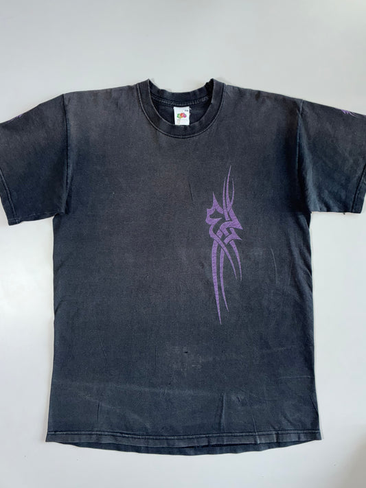 Vintage Y2K Faded Black Purple Tribal Dragon Fantasy Graphic Short Sleeve T-Shirt (M)