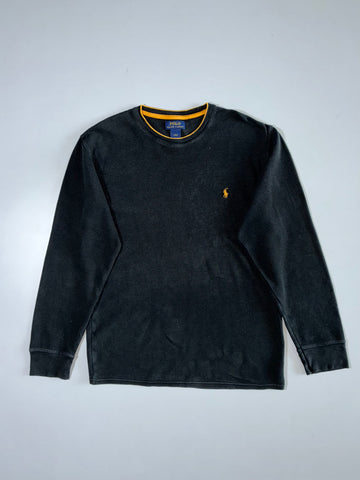 Polo Ralph Lauren Waffle Knit Thermal Crewneck Sweatshirt Black Gold Tipped Pony Logo (L)