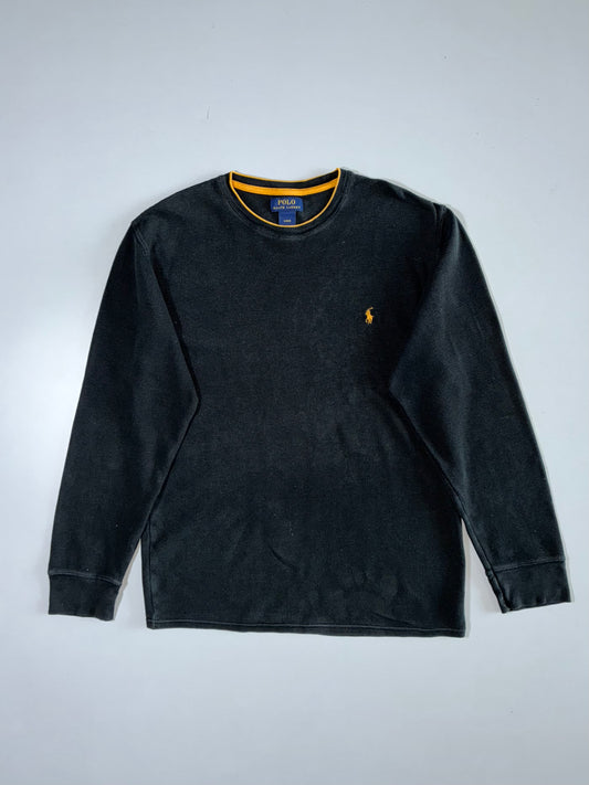 Polo Ralph Lauren Waffle Knit Thermal Crewneck Sweatshirt Black Gold Tipped Pony Logo (L)