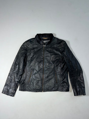 Vintage Black Leather Zip-Up Cafe Racer Jacket (L)