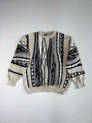 Viaggio 3D Textured Knit Crewneck Sweater, Beige, Black & Grey Abstract Pattern (L/XL)