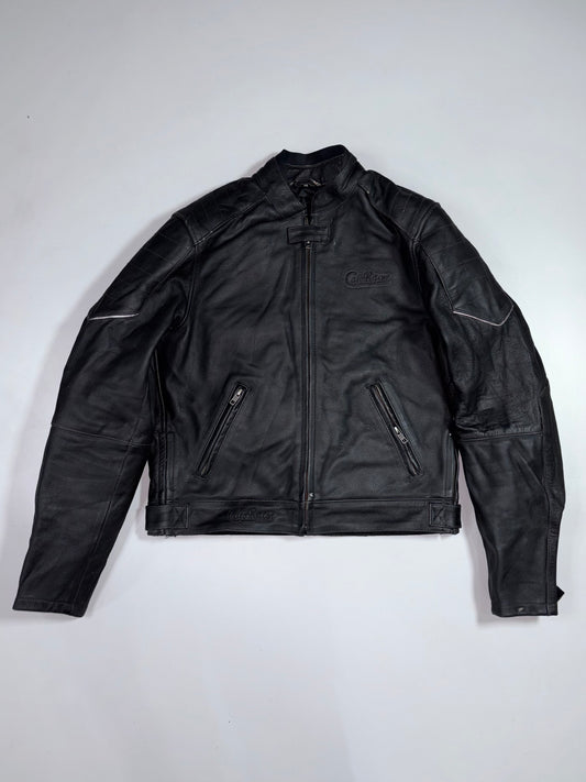 Cafe Racer “Tribute Edition Live Fast” Genuine Cowhide Leather Moto Jacket with Union Jack Inner Lining (Paded)(M)