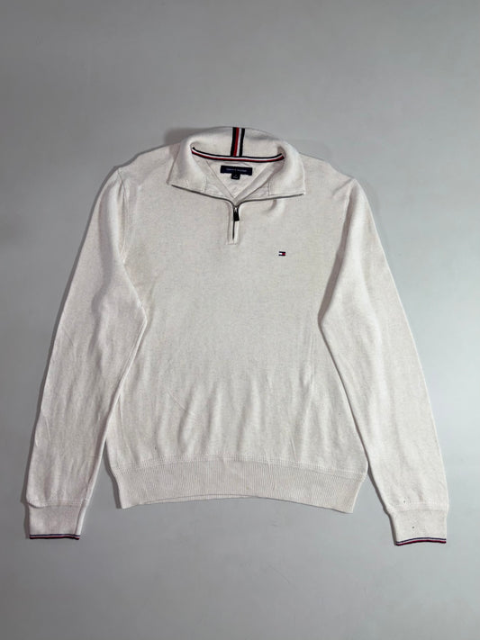 Tommy Hilfiger Cream Quarter-Zip Knit Sweater – Signature Stripe Collar (M/L)