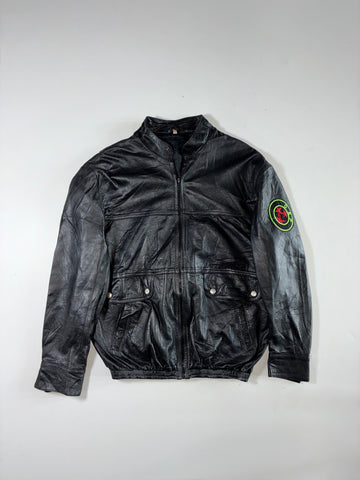 Black Leather-Look Zip-Up Biker Jacket with Sleeve Patch – (L/XL)