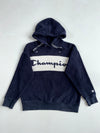 Champion Navy Sherpa Fleece Hoodie with Embroidered Script Logo (S)