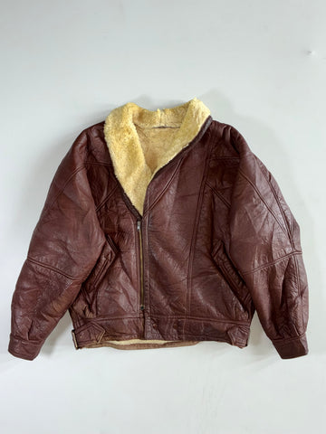 Vintage Italian Brown Leather Shearling Aviator Jacket – B3 Style – Made in Italy Furr inside (XL)