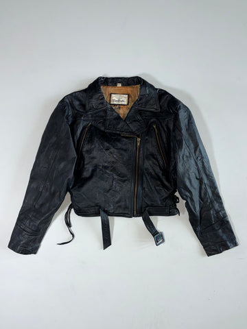 Vintage 80s Black Leather Double-Rider Motorcycle Jacket Women’s (XXS)