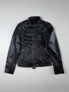 Black Leather-Look Café Racer Jacket with Snap Collar & Zip Pockets (XS)